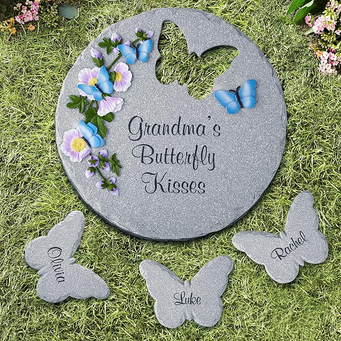 Let's Make Memories Personalized Garden Décor - Custom Garden Stone - Indoor/Outdoor - for Mom or Grandma - for Her - Engraved - Durable Resin - Butterfly Stone