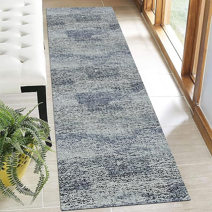 RUGSURE Washable Area Rug - 1/6 Thick - Stain & Water Resistant Non-Slip - Resistant Rug for Living Room, Bedroom, Nursery, Pet & Child Friendly, Vintage Charm Area Rugs (Grey+LightTeal, 2'6'' x 8')