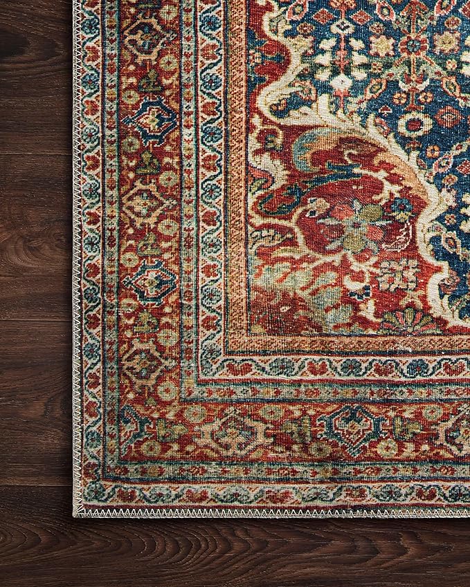 Loloi Layla Collection LAY-09 Cobalt Blue/Spice 2'-6" x 9'-6" .13" Thick Runner Rug, Soft, Durable, Vintage Inspired, Distressed, Low Pile, Non-Shedding, Easy Clean, Printed, Living Room Rug