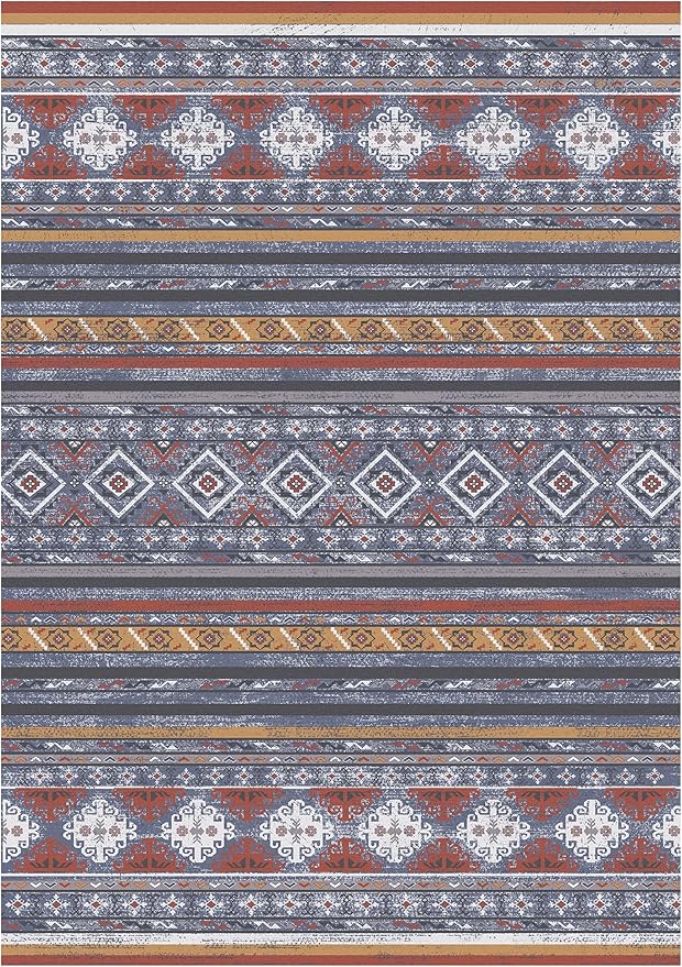 RUGSURE Washable Area Rugs 3' x 5 ' - 1/6 Thick - Moroccan-Inspired -Stain & Water Resistant Non-Slip - Resistant Rug for Living Room, Bedroom, Nursery, Pet & Child Friendly (Blue and Red)