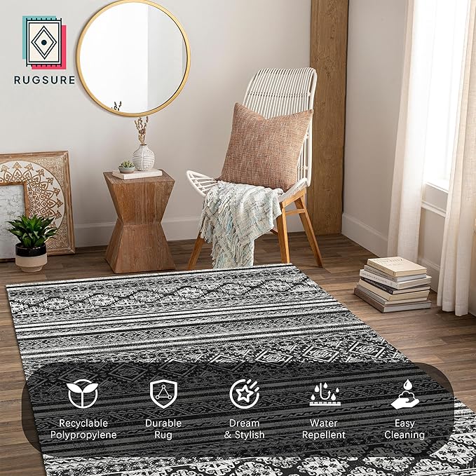 RUGSURE Washable Area Rugs 3' x 5 ' - 1/6 Thick - Moroccan-Inspired -Stain & Water Resistant Non-Slip - Resistant Rug for Living Room, Bedroom, Nursery, Pet & Child Friendly (Black)