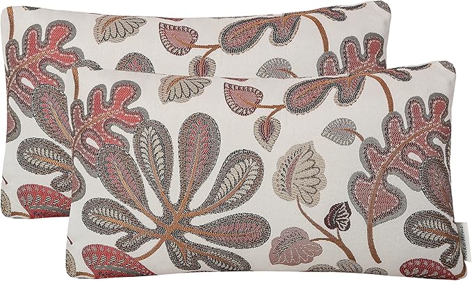 Mika Home Set of 2 Jacquard Tropical Leaf Pattern Oblong Throw Pillow Covers Accent Pillowcase 12X20 Inches,Coral Cream
