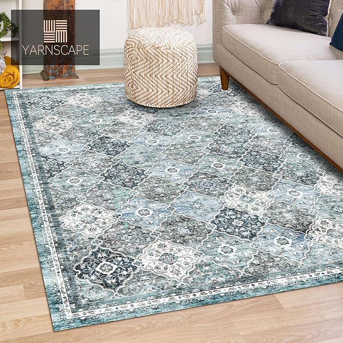 3' x 5 ' Washable Area Rug - Low Pile Soft Vintage Indoor Rug for Living, Dining or Bedroom - Lightweight Carpet with Non-Slip Backing - Foldable for Easy Placement, Ocean Blue