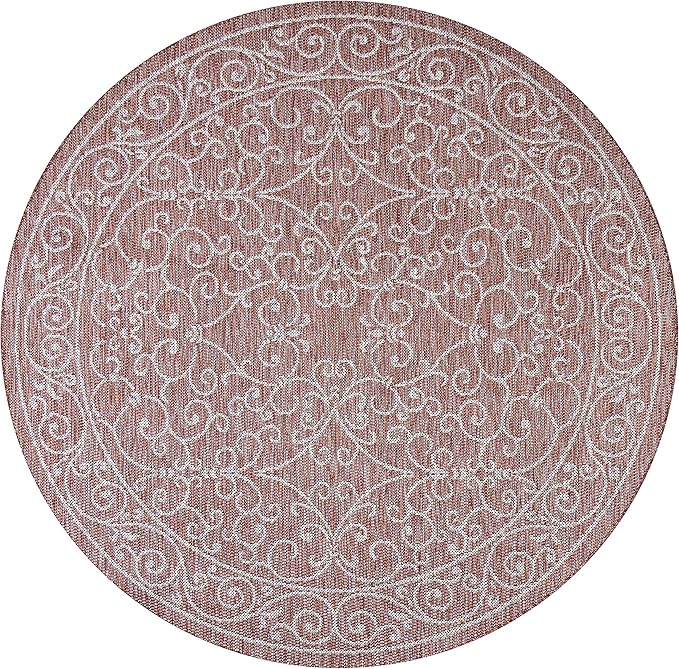 JONATHAN Y Vintage Filigree Indoor Outdoor Round Area Rug 8 Ft Red/Beige, Charleston Textured Weave for Backyard, Patio, Porch, Easy-Cleaning, High Traffic, Pet-Friendly, Non-Shedding (SMB106B-8R)