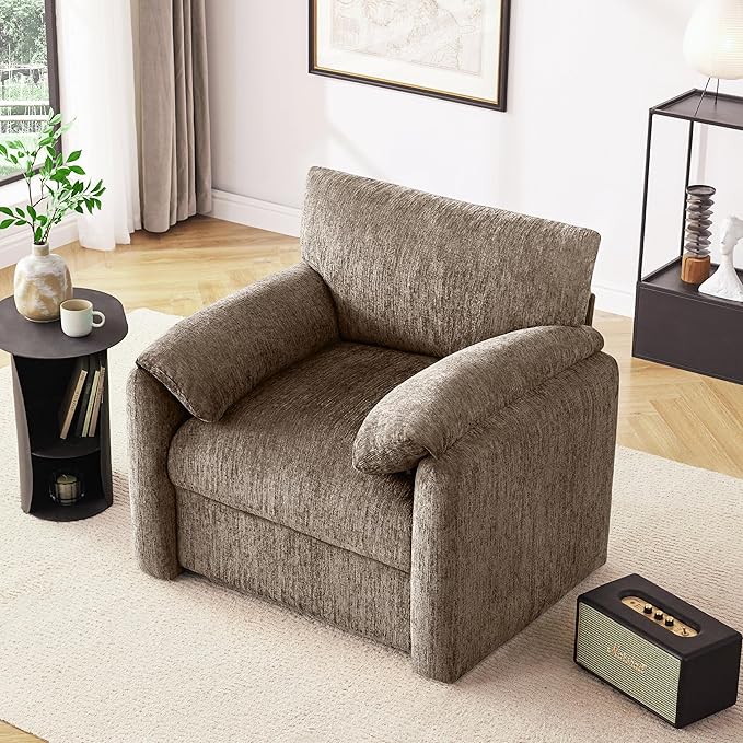 Chenille Oversized Armchair, 38.6'" Wide Accent Chairs for Living Room & Bedroom Modern Lounge Chair, Upholstered Mid-Century Reading Chair (Brwon, 1 Pack)