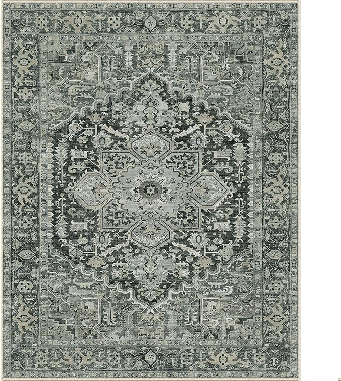 GENIMO Machine Washable 9x12 Area Rugs for Living Room, Non Slip Vintage Rugs, Low Pile Lightweight Chenille Print Rug for Bedroom, Dining Room, Home Office, Night Black
