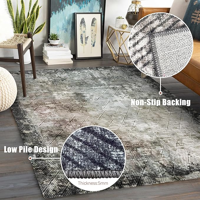 9' x 12' Washable Area Rug - Low Pile Soft Vintage Indoor Rug for Living, Dining or Bedroom - Lightweight Carpet with Non-Slip Backing - Foldable for Easy Placement, Blackish