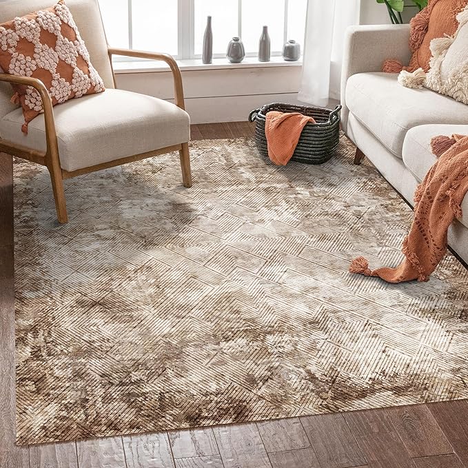 8' x 10' Washable Area Rug - Low Pile Soft Vintage Indoor Rug for Living, Dining or Bedroom - Lightweight Carpet with Non-Slip Backing - Foldable for Easy Placement, Brown