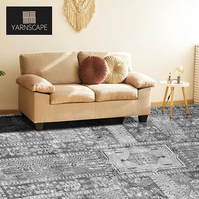 Vintage 4' x 6' Washable Area Rug - Stylish Indoor Rug for Living, Dining or Bedroom - Lightweight Carpet with Non-Slip Backing - Foldable for Easy Placement and Maintenance - Grey