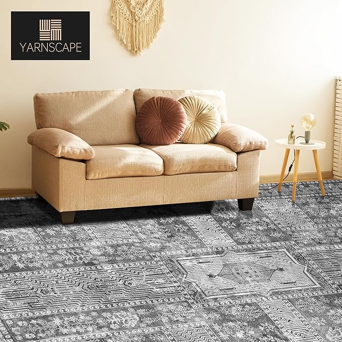 Vintage 3' x 5 ' Washable Area Rug - Stylish Indoor Rug for Living, Dining or Bedroom - Lightweight Carpet with Non-Slip Backing - Foldable for Easy Placement and Maintenance - Grey
