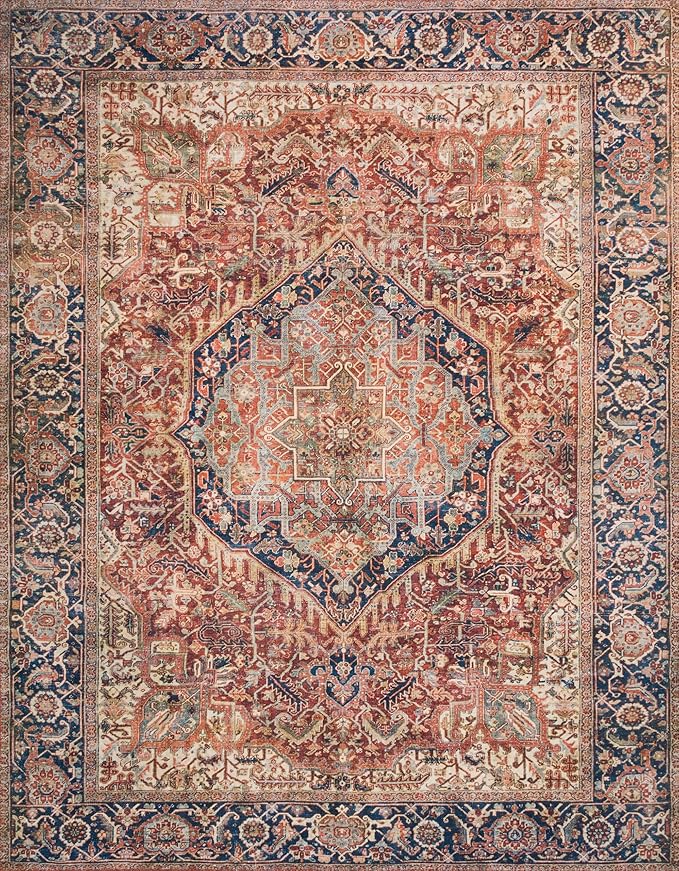 Loloi Layla Collection LAY-08 Red/Navy 2'-6" x 9'-6" .13" Thick Runner Rug, Soft, Durable, Vintage Inspired, Distressed, Low Pile, Non-Shedding, Easy Clean, Printed, Living Room Rug