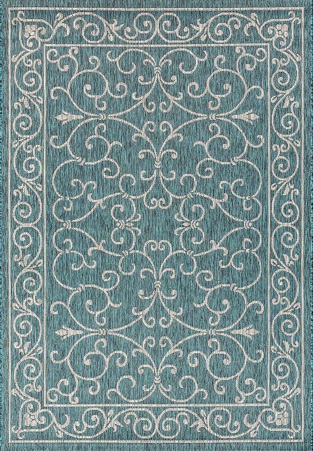 JONATHAN Y Vintage Filigree Indoor Outdoor Area Rug 5X8 Teal/Gray, Charleston Textured Weave for Backyard, Patio, Porch, Easy-Cleaning, High Traffic, Pet-Friendly, Non-Shedding (SMB106F-5)