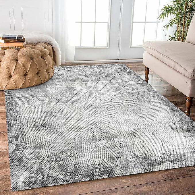 4' x 6' Washable Area Rug - Low Pile Soft Vintage Indoor Rug for Living, Dining or Bedroom - Lightweight Carpet with Non-Slip Backing - Foldable for Easy Placement, Grey