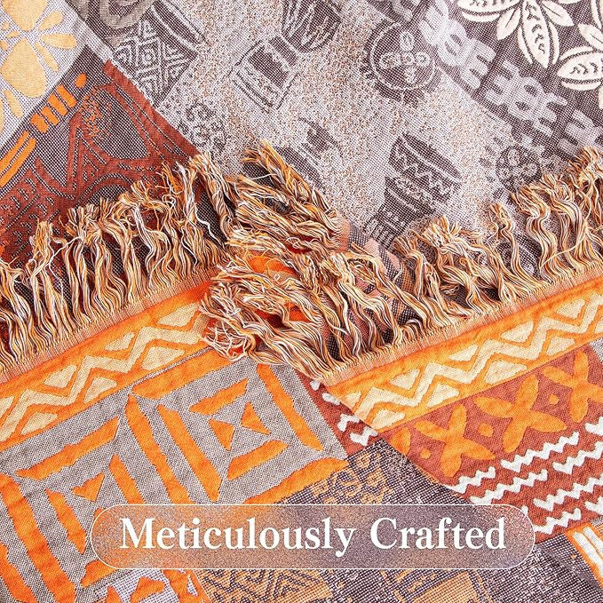 Boho Throw Blanket Full Size, Extra Large Soft Cozy Cotton Muslin Quilt Blanket for Bed Decor, Patchwork Block Couch Sofa Chair Cover, Vintage Farmhouse Cottage Woven Blanket, Red&Orange