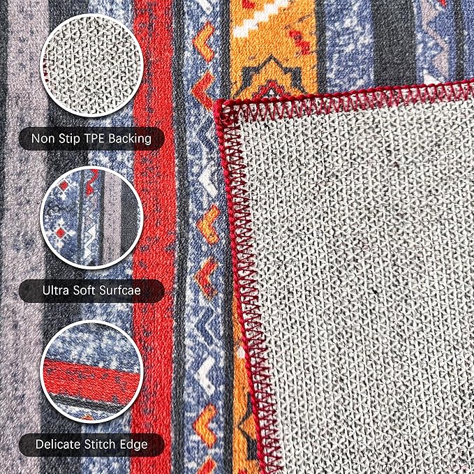 RUGSURE Washable Area Rugs 2'6'' x 8' - 1/6 Thick - Moroccan-Inspired -Stain & Water Resistant Non-Slip - Resistant Rug for Living Room, Bedroom, Nursery, Pet & Child Friendly (Blue and Red)