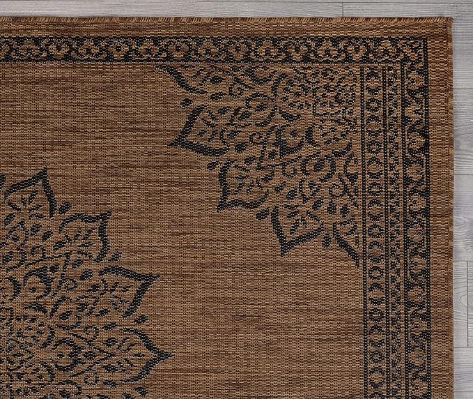 CAMILSON Outdoor Rug, 9x12 Medallion Nut Brown Black Modern Area Rugs for Large Indoor and Outdoor Patios, Kitchen and Hallway Mats, Washable Porch Deck Outside Carpet (Nut Brown Black, 9 x 12)