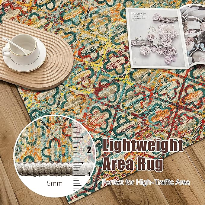RUGSURE Washable Area Rugs, 6' x 9' - 1/6 Thick - Stain & Water Resistant Non-Slip - Perfect Resistant Rug for Living Room, Bedroom, Nursery, Pet & Child Friendly, Vibrant Colors Rugs, Multicolor