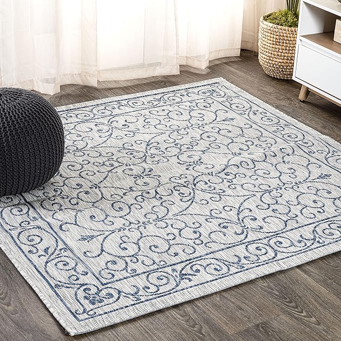 JONATHAN Y Vintage Filigree Indoor Outdoor Square Area Rug 8X8 Gray/Navy, Charleston Textured Weave for Backyard, Patio, Porch, Easy-Cleaning, High Traffic, Pet-Friendly, Non-Shedding (SMB106C-8SQ)