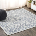 JONATHAN Y Vintage Filigree Indoor Outdoor Square Area Rug 8X8 Gray/Navy, Charleston Textured Weave for Backyard, Patio, Porch, Easy-Cleaning, High Traffic, Pet-Friendly, Non-Shedding (SMB106C-8SQ)