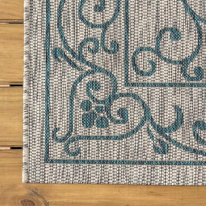 JONATHAN Y Vintage Filigree Indoor Outdoor Runner Rug 2X8 Gray/Teal, Charleston Textured Weave for Backyard, Patio, Porch, Easy-Cleaning, High Traffic, Pet-Friendly, Non-Shedding (SMB106E-28)