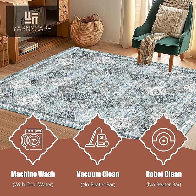5' x 7' Washable Area Rug - Low Pile Soft Vintage Indoor Rug for Living, Dining or Bedroom - Lightweight Carpet with Non-Slip Backing - Foldable for Easy Placement, Ocean Blue