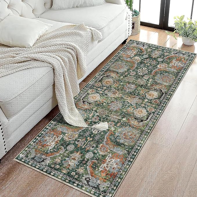 RUGSURE Washable Area Rugs - Perfect for Living Room, Bedroom, Kids Room, Nursery - Stain & Water Resistant Non-Slip, Pet & Child Friendly, Vintage Tribal Area Rugs (Green, 2'6'' x 8')