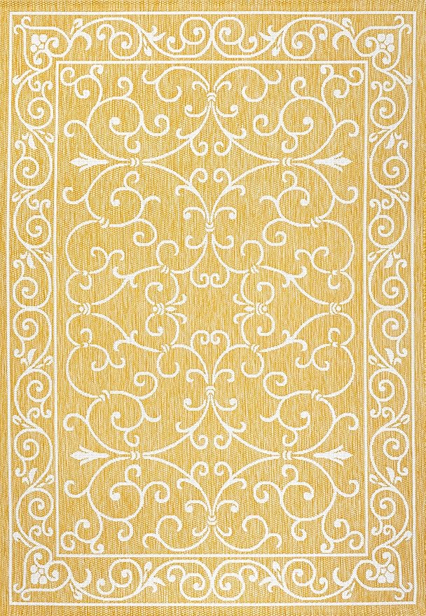 JONATHAN Y Vintage Filigree Indoor Outdoor Area Rug 4X6 Yellow/Cream, Charleston Textured Weave for Backyard, Patio, Porch, Easy-Cleaning, High Traffic, Pet-Friendly, Non-Shedding (SMB106L-4)