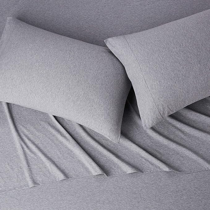 Amazon Basics 4 Piece Bed Sheet Set, 100% Cotton Jersey, Includes Super Soft, Flat and Fitted Sheets, Pillowcase, Full, Light Gray, Solid