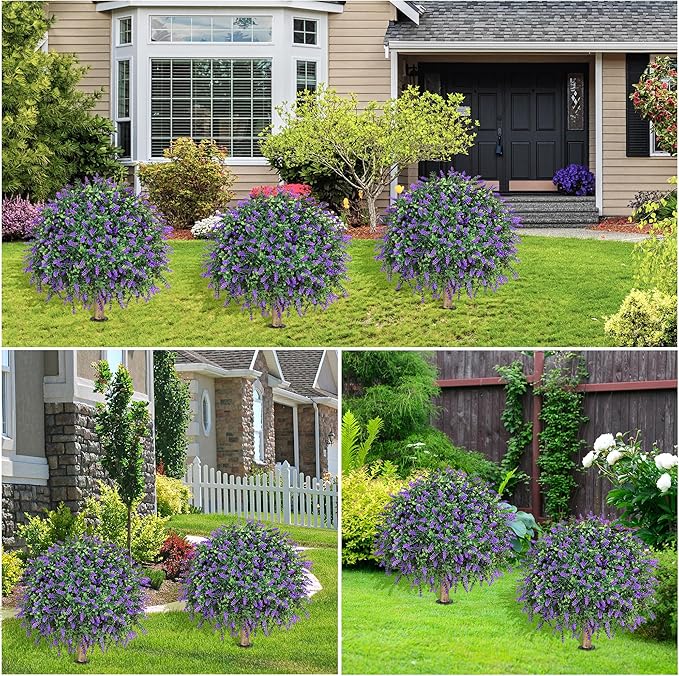 HyeFlora 2 Pack Artificial Topiary Boxwood Ball Trees with Lavender Fake Plants for Outdoor Indoor Artificial Shrubs with Ground Spike UV Resistant Fake Bushes for Front Porch Garden (Purple)