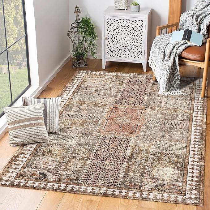 Vintage 8' x 10' Washable Area Rug - Stylish Indoor Rug for Living, Dining or Bedroom - Lightweight Carpet with Non-Slip Backing - Foldable for Easy Placement and Maintenance - Ivory