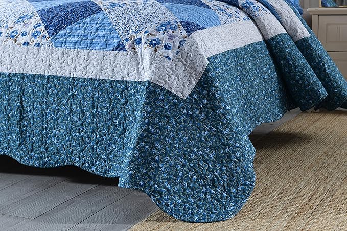 Travan Bedspread Quilt Sets 3-Piece Lightweight Coverlet Set with Shams Reversible Quilted Bedding Set, Blue Floral Patchwork, Queen Size