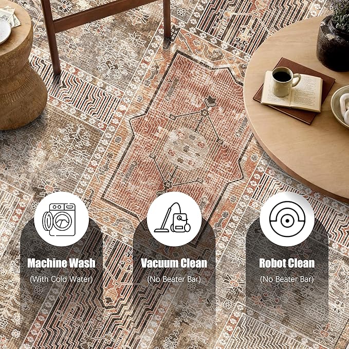 Vintage 8' x 10' Washable Area Rug - Stylish Indoor Rug for Living, Dining or Bedroom - Lightweight Carpet with Non-Slip Backing - Foldable for Easy Placement and Maintenance - Ivory