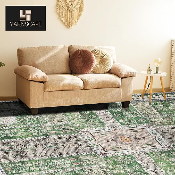 Vintage 3' x 5 ' Washable Area Rug - Stylish Indoor Rug for Living, Dining or Bedroom - Lightweight Carpet with Non-Slip Backing - Foldable for Easy Placement and Maintenance - Green