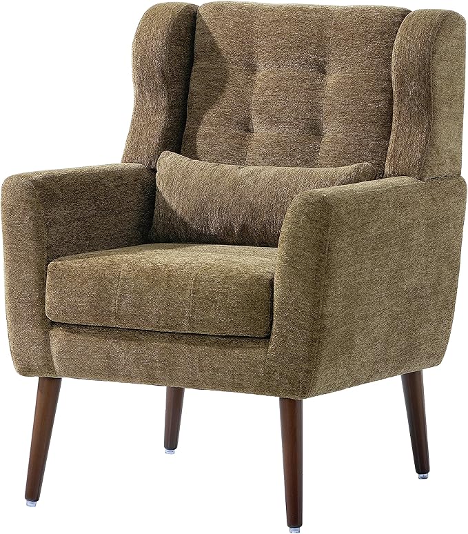 Accent Chair, Comfy Upholstered Living Room Chairs with High Tufted Backrest and Pillow, Wingback Reading Chair with Solid Wood Legs for Bedroom/Office, Chenille Fabric, Olive Green
