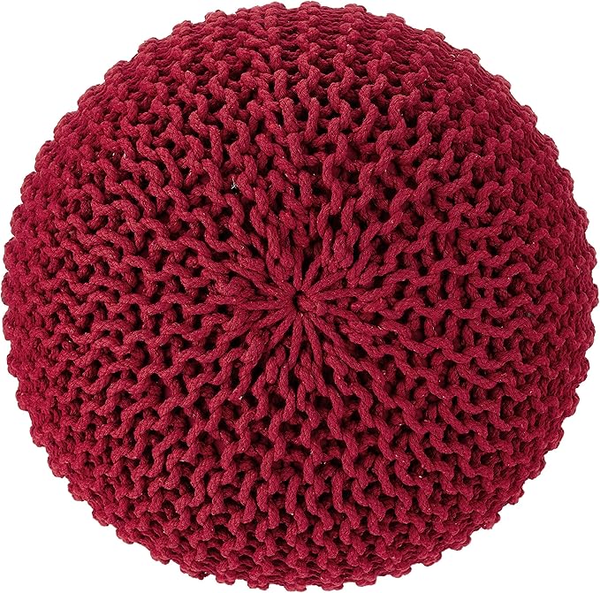 REDEARTH Round Pouf Ottoman - Hand Knitted Cable Boho Poof - Foot Stool Bean Bag - Home Décor Stuffed Footrest for Living Room - Nursery - Bedroom - 100% Cotton Poufs (19.5"x19.5"x14") - Red