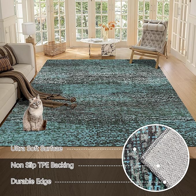 RUGSURE Washable Area Rug - 1/6 Thick - Stain & Water Resistant Non-Slip - Resistant Rug for Living Room, Bedroom, Nursery, Pet & Child Friendly, Vintage Charm Area Rugs (Green, 3' x 5 ')
