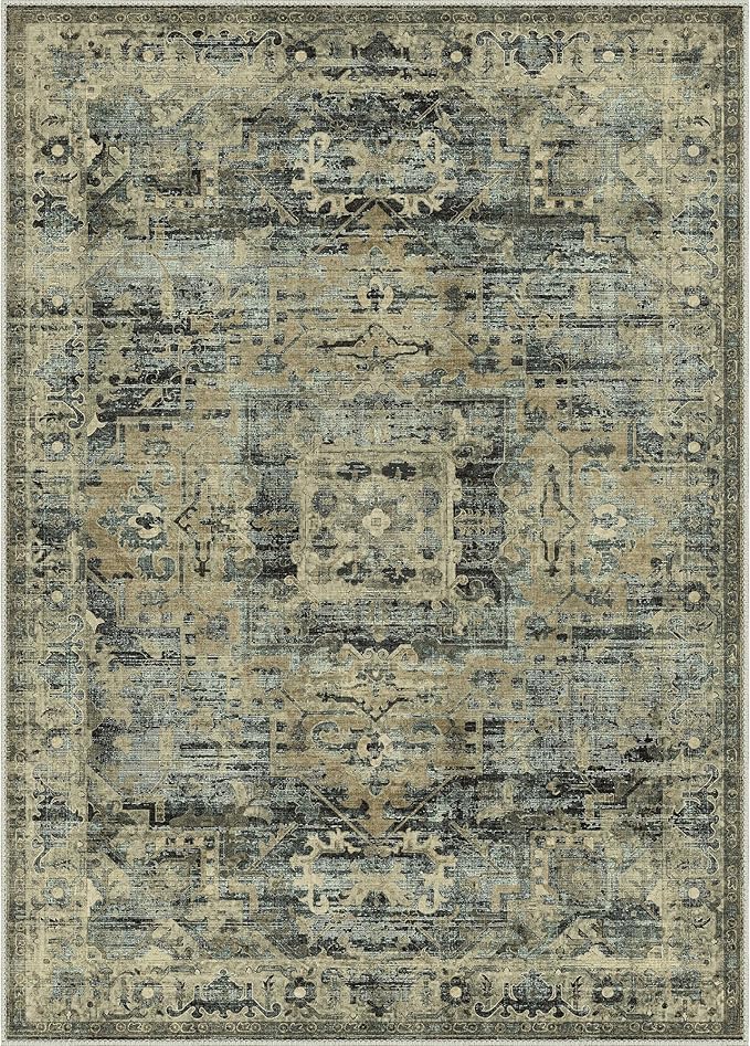 GENIMO Machine Washable 9x12 Area Rugs for Living Room, Non Slip Vintage Rugs, Low Pile Lightweight Chenille Print Rug for Bedroom, Dining Room, Home Office, Tawny Sage