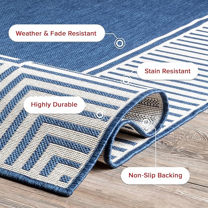 nuLOOM 2' x 8' Outdoor Area Rug, Casual Design With Striped Border, Stain Resistant, Highly Durable, For Patio, Balcony, Bedroom, Living Room, Dining Room, Bathroom, Navy