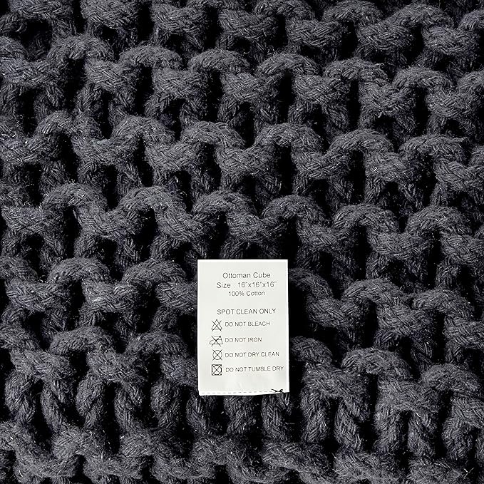 REDEARTH Cube Pouf Foot Stool Ottoman - Hand Knitted Coffee Table - Cotton Cord Boho Pouffe - Home Décor Poof - Stuffed Footrest for Living Room - Bedroom - Patio (16" x 16" x 16") - Dark Gray