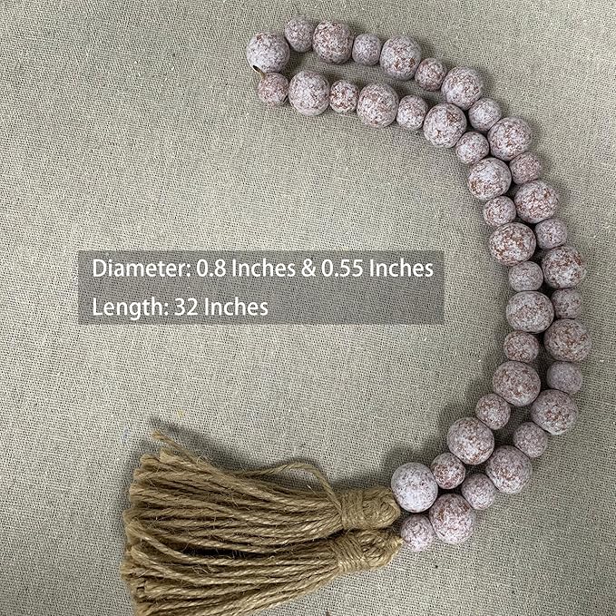 Handcrafted Farmhouse Wooden Decorative Beads Garland, Table Tray Boho Wood Beads with Tassel, Small Rustic Antique Decor for Home and Events (Rustic White)