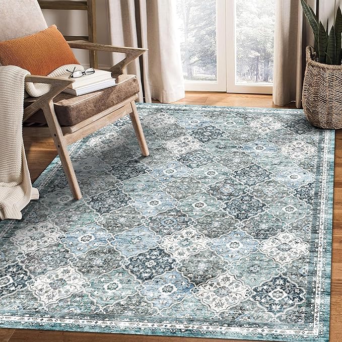 8' x 10' Washable Area Rug - Low Pile Soft Vintage Indoor Rug for Living, Dining or Bedroom - Lightweight Carpet with Non-Slip Backing - Foldable for Easy Placement, Ocean Blue
