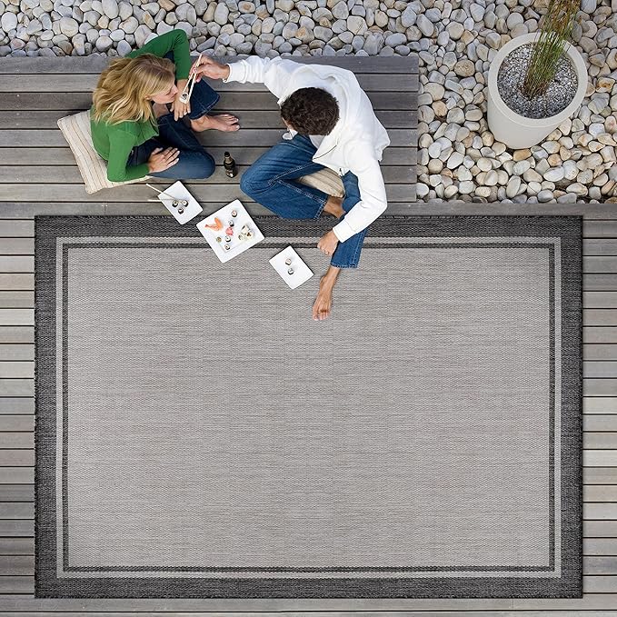 CAMILSON Indoor Outdoor Rug, 10x14 Bordered Gray Modern Area Rugs for Large Indoor and Outdoor Patios, Kitchen and Hallway Mats, Washable Porch Deck Outside Carpet (Bordered Grey, 10 x 14)