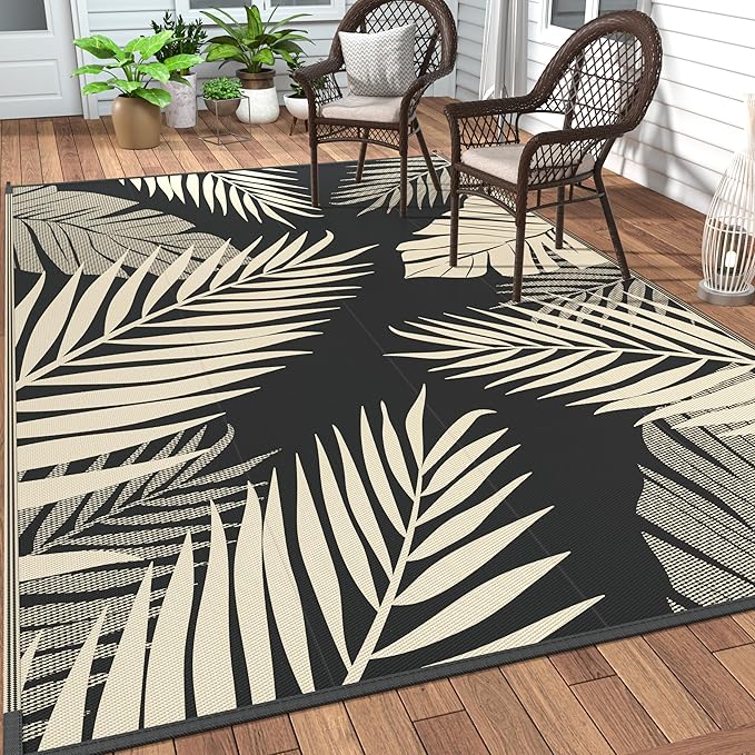 GENIMO Outdoor Rug 8' x 10' Waterproof for Patios Clearance, Reversible Outdoor Plastic Straw Camping Rug Carpet, Large Area Rugs Mats for RV, Camper, Deck, Balcony, Porch, Beach, Picnic, Black&Beige