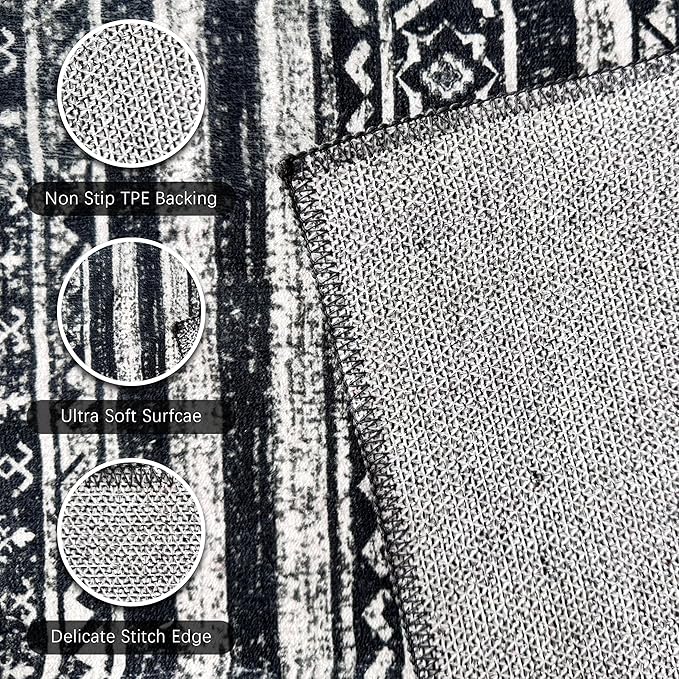 RUGSURE Washable Area Rugs 5' x 7' - 1/6 Thick - Moroccan-Inspired -Stain & Water Resistant Non-Slip - Resistant Rug for Living Room, Bedroom, Nursery, Pet & Child Friendly (Black)