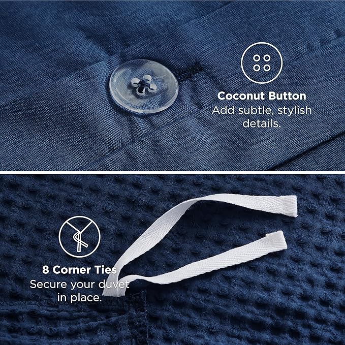 Bedsure Cotton Duvet Cover King - 100% Cotton Waffle Weave Navy Blue Duvet Cover King Size, GentleSoft™ and Breathable Bedding Set for All Season, 3 Pieces, 104"x90"