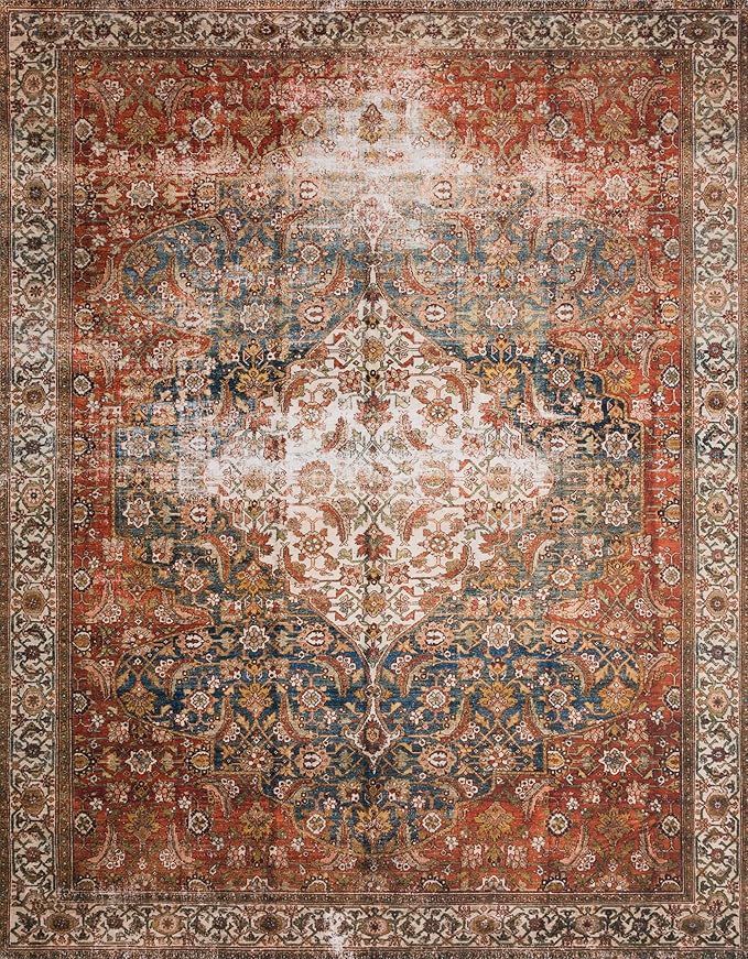 Loloi Layla Collection LAY-05 Ocean/Multi 7'-6" x 9'-6" .13" Thick Area Rug, Soft, Durable, Vintage Inspired, Distressed, Low Pile, Non-Shedding, Easy Clean, Printed, Living Room Rug