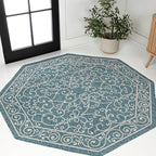 JONATHAN Y Vintage Filigree Indoor Outdoor Octagon Area Rug 5 Ft Teal/Gray, Charleston Textured Weave for Backyard, Patio, Porch, Easy-Cleaning, High Traffic, Pet-Friendly, Non-Shedding SMB106F-5TGN