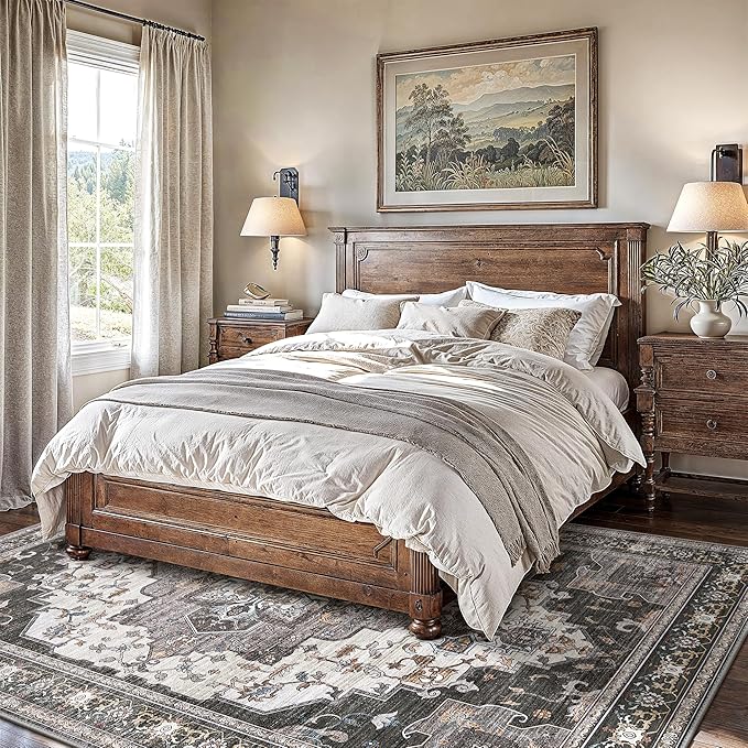 GENIMO 8x10 Area Rugs for Living Room, Machine Washable Non Slip Vintage Rugs, Low Pile Lightweight Chenille Print Rug for Bedroom, Dining Room, Home Office, Slate Gray