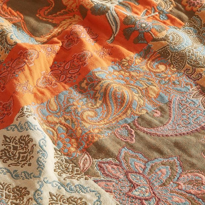 Boho Throw Blanket for Bed 60”x80”, 100% Cotton Woven Blanket for Couch Sofa, Ultra Soft 4-Layer Muslin Quilt with Patchwork Floral Printed, Farmhouse Bed Blanket/Cover for Living Room Decor