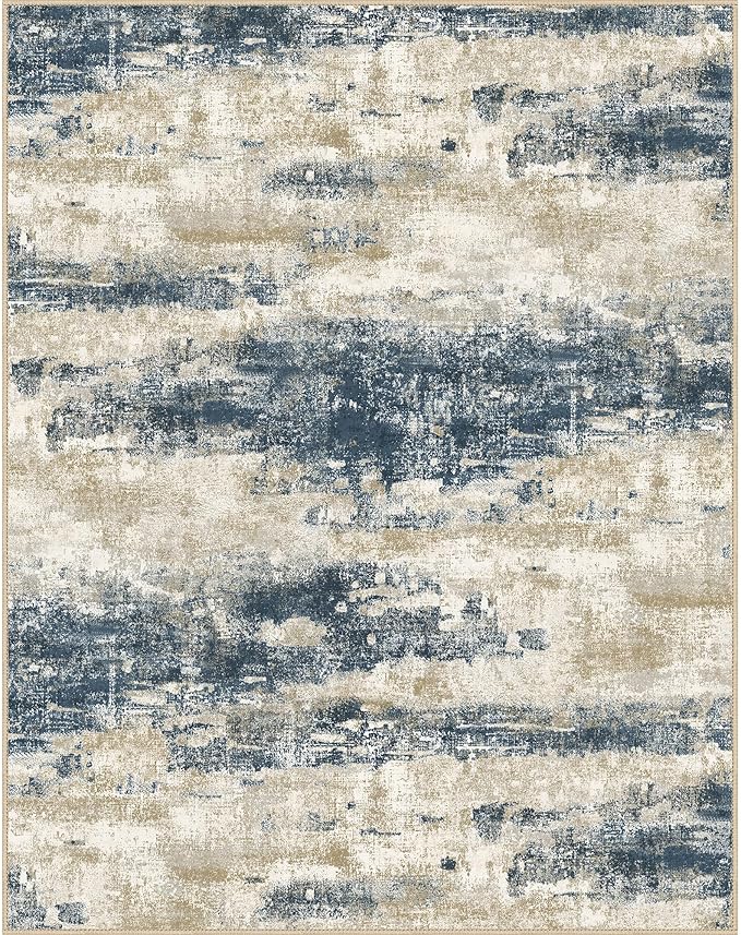 Area Rugs 9x12 for Living Room Bedroom, Modern Abstract Machine Washable Rug, Large Soft Low Pile Floor Cover with Non Slip Backing for Dining Room, Blue Beige